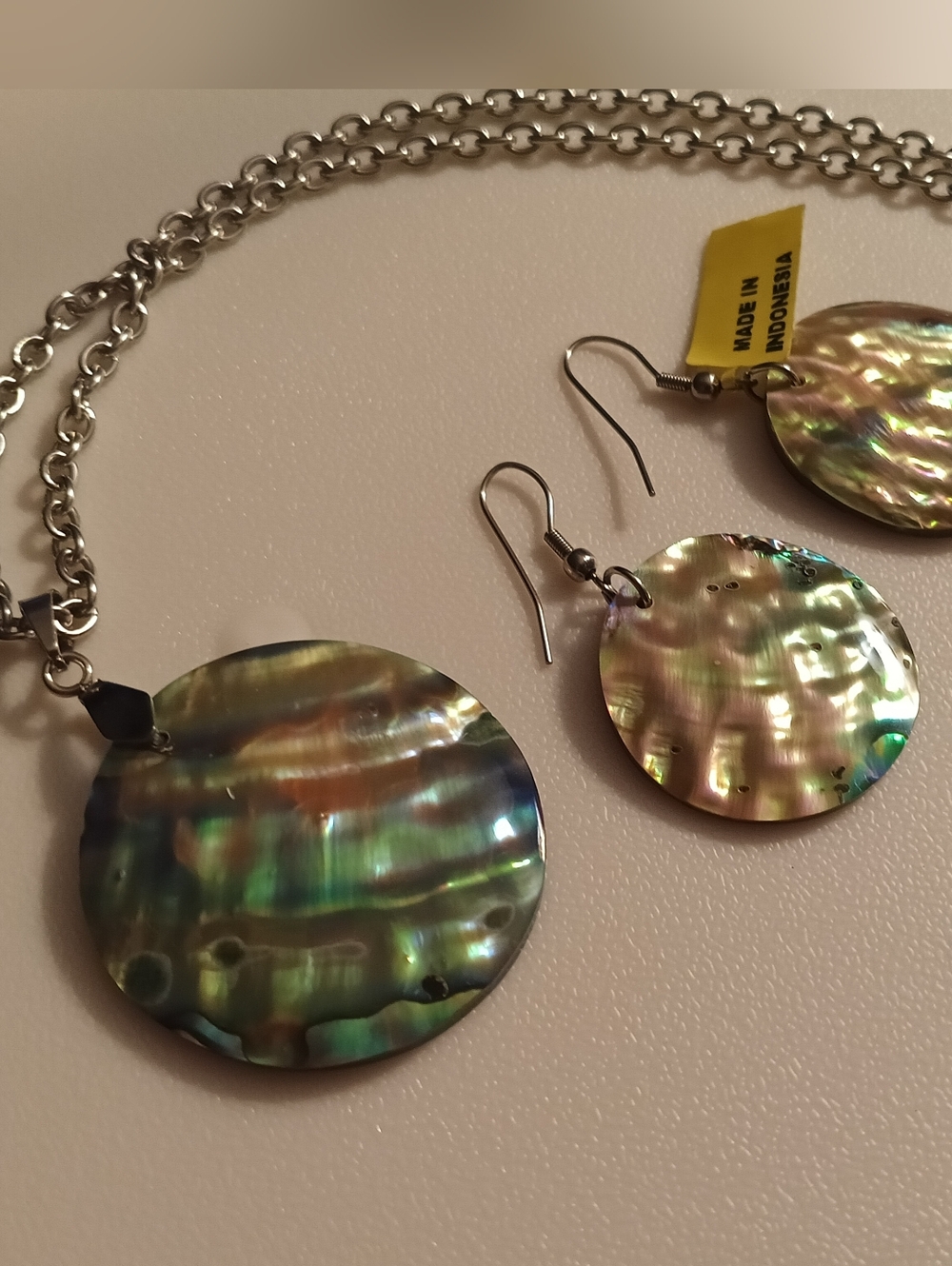 Iridescent Abalone Shell Disc Necklace & Earrings - Women Jewelry